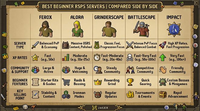 Best beginner RSPS servers compared – Ferox, Alora, GrinderScape, BattleScape, Impact side by side