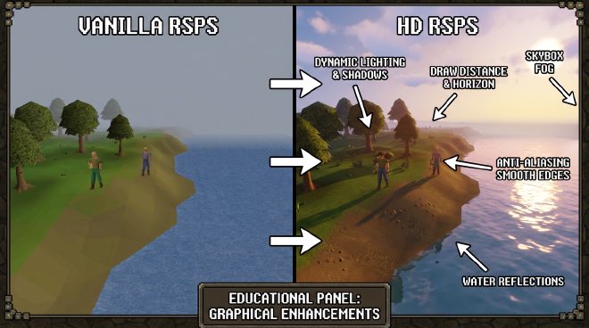 HD vs vanilla RSPS – dynamic lighting, draw distance, anti-aliasing, and water with RuneLite-style rendering