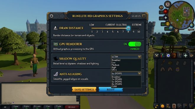 RLite HD settings – GPU plugin, draw distance, shadows, and anti-aliasing for RSPS clients