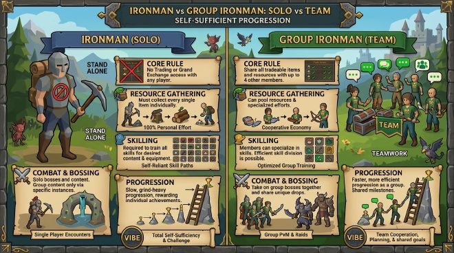 Ironman vs Group Ironman – solo vs team self-sufficient progression