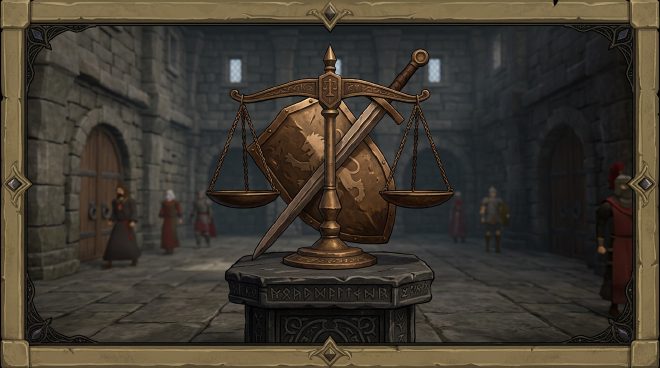 Is RSPS Legal? RuneScape private server legality explained – scales of justice with RuneScape-themed elements