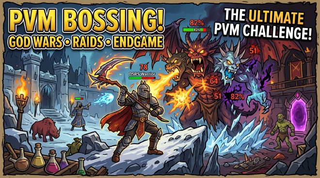 PvM RSPS Guide thumbnail showing warrior facing boss in dark fantasy style – best bossing and raids private servers 2026
