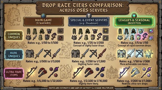 RSPS drop rate tiers – comparing common, rare, and ultra-rare loot across server types