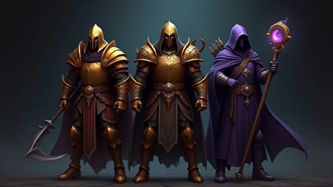 Three combat styles in RSPS – melee warrior in golden armor, ranger with bow, and mage in ancestral robes represent the core gear choices