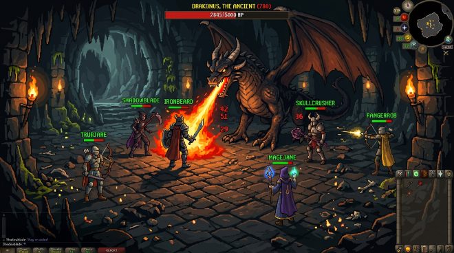 Group of warriors battling a massive boss in a dark dungeon on RSPS