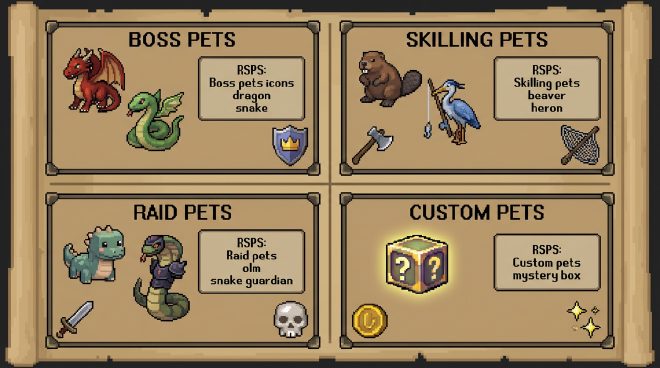 Boss, skilling, raid, and custom pet categories on RuneScape private servers