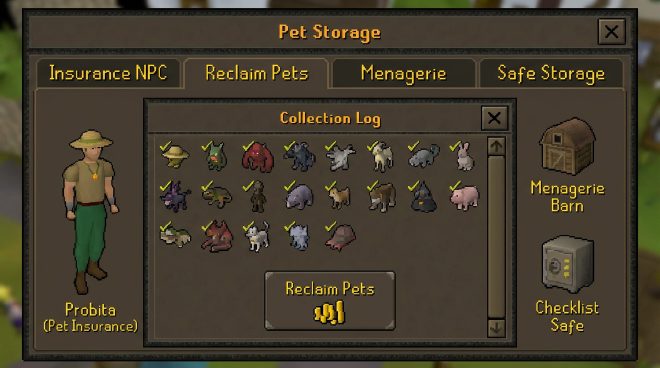 Pet storage and insurance on RSPS – collection log reclaim, insurance, and follower interfaces
