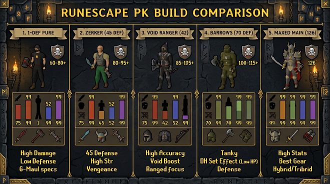 RSPS PK build types compared – pure, zerker, void ranger, barrows pure, and maxed main stats and combat levels