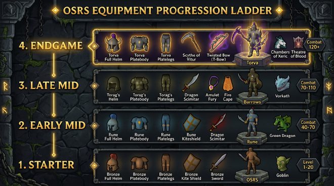 RSPS gear progression ladder – Starter through Early Mid, Late Mid, and Endgame tiers (melee, ranged, magic)