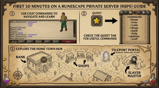 RSPS first 30 minutes – commands, home area, shops, bank, Slayer master, and teleport hub