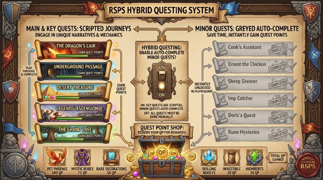 Hybrid and custom RSPS quest systems – key quests scripted, shortcuts, and server-only quest lines