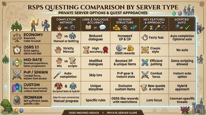 Questing by server type – economy, OSRS 1:1, mid-rate, PvP, custom, and Ironman quest approaches