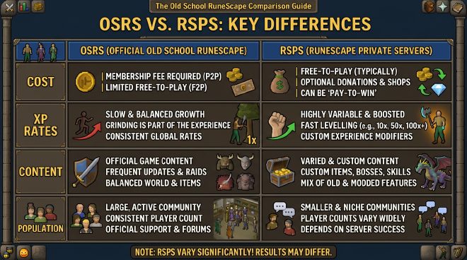 RSPS vs OSRS key differences – cost, XP rates, content, population comparison