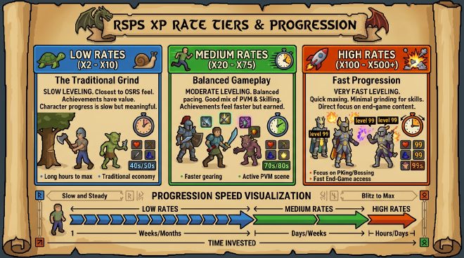 RSPS XP rate tiers compared – low, medium, and high rate servers explained