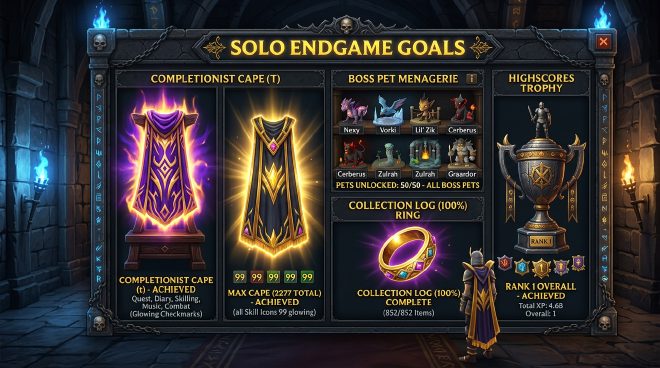 Solo player endgame goals – collection log, completionist cape, max cape, and pets