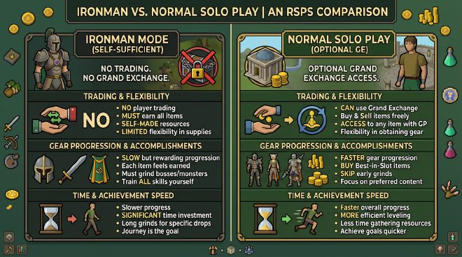 Ironman vs normal account for solo play – trading, Grand Exchange, and progression flexibility compared