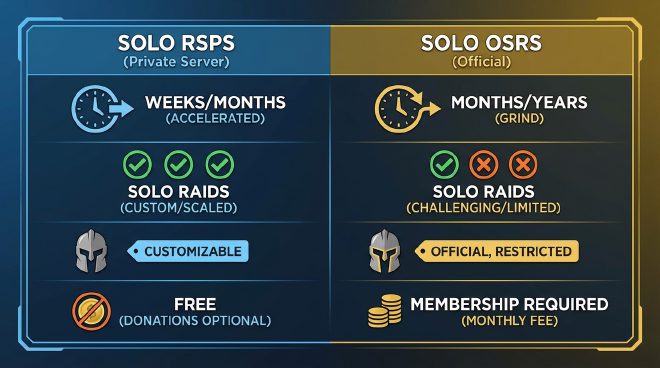 Solo RSPS vs solo official OSRS – time to endgame, solo raids, Ironman, and cost compared