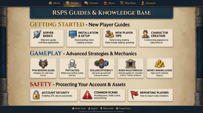 Guides page category layout – Getting Started, Gameplay, and Safety sections