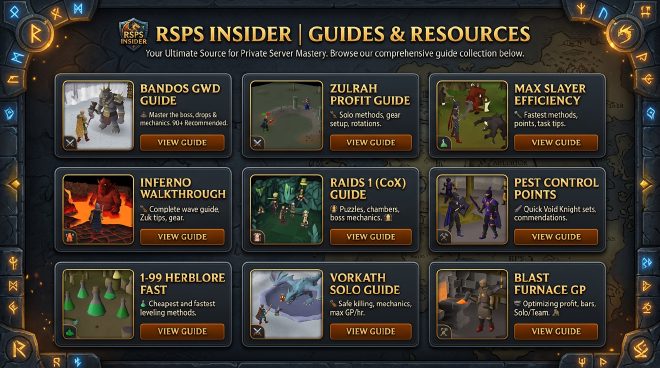 Guide cards with thumbnails and descriptions – RSPS Insider layout